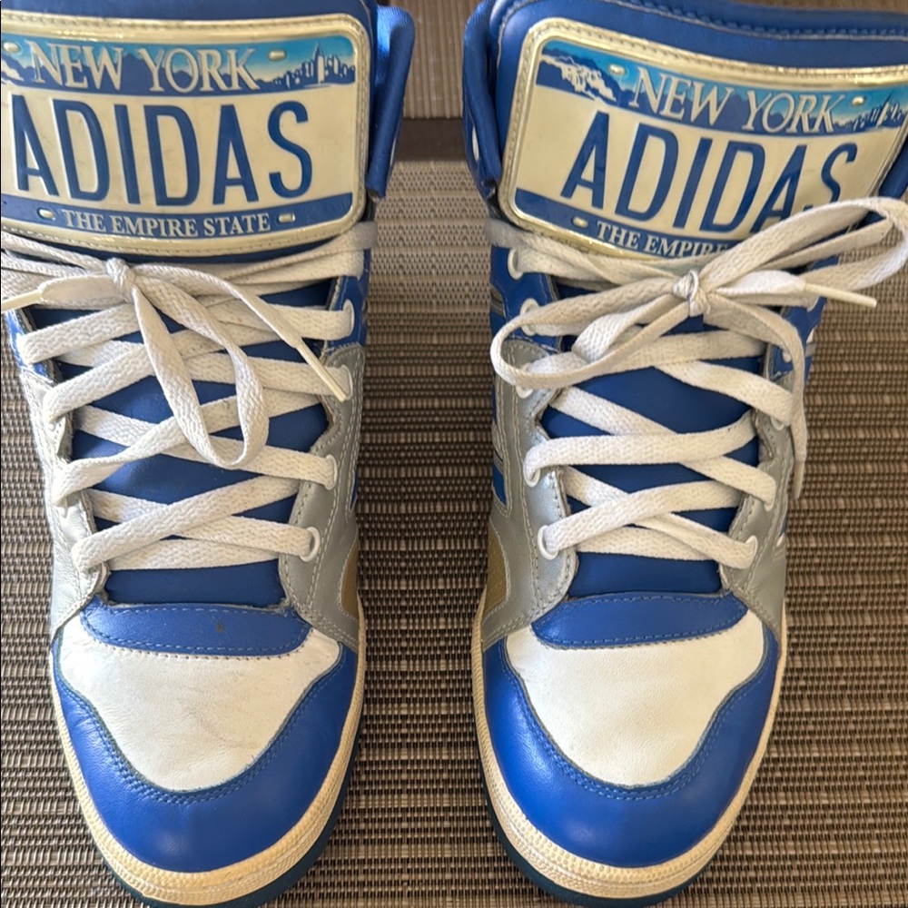 adidas Blue, White & Silver Retro High-Top Sneakers ..rare find!! Jeremy Scott’s